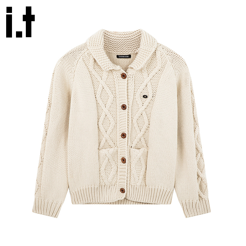 i.t GROUNDZERO2025秋冬宽松韩系翻领开衫毛衣外套针织衫女