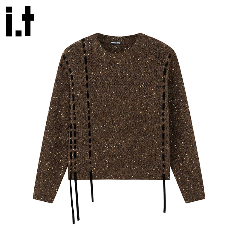 i.t GROUNDZERO韩系2025秋冬咖啡色圆领系带长袖毛衣针织开衫女