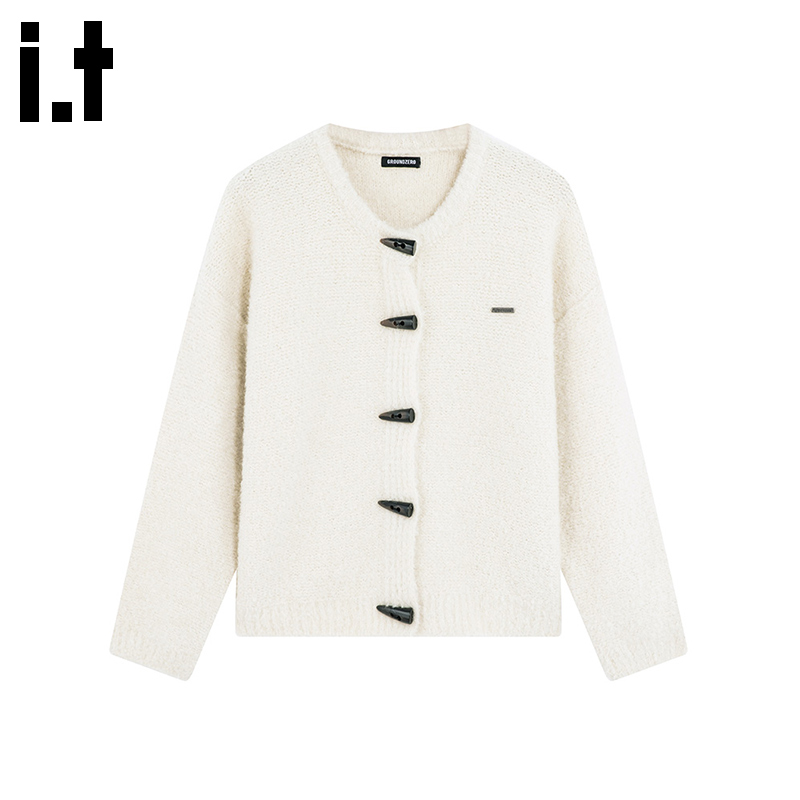 i.t GROUNDZERO韩系2025秋冬圆领杏色纽扣撞色长袖毛衣针织开衫女