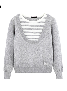 i.t GROUNDZERO秋冬韩系圆领假两件灰色长袖针织衫毛衣外套女