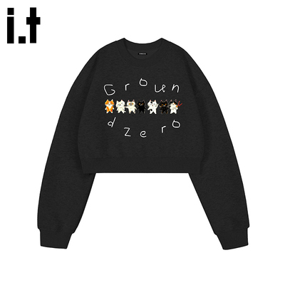 i.t GROUNDZERO国潮牌2025秋季新款七只小猫印花黑色长袖卫衣上衣