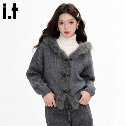i.tGROUNDZERO秋冬保暖色圆毛领加长连帽开衫毛衣长袖针织衫女