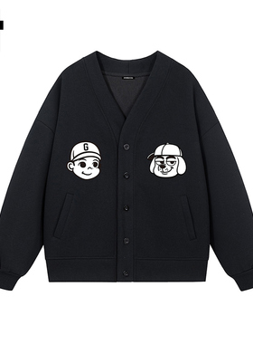 i.tGROUNDZERO2025秋款V领黑色情侣款开衫卡通卫衣上衣女