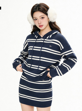 i.tGROUNDZERO秋冬保暖个性蓝色圆领抽绳条纹毛衣针织衫套装女