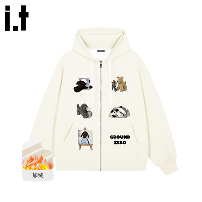 itGROUNDZERO2025秋冬加绒男女同款杏色卡通拉链连帽长袖卫衣上衣