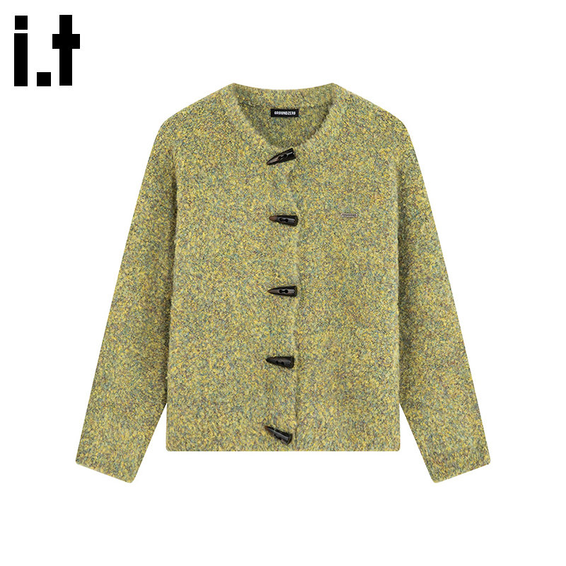 i.t GROUNDZERO韩系2025秋冬圆领绿色纽扣撞色长袖毛衣针织开衫女