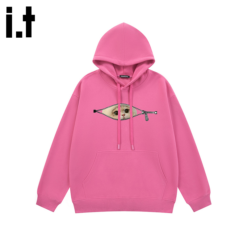 i.t GROUNDZERO2025秋冬桃红色拉链小猫男女情侣款连帽卫衣上衣