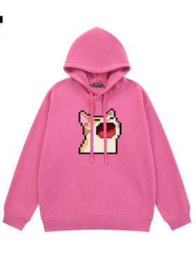 i.tGROUNDZERO国潮2025秋款大张嘴猫咪桃红男女同款连帽卫衣上衣