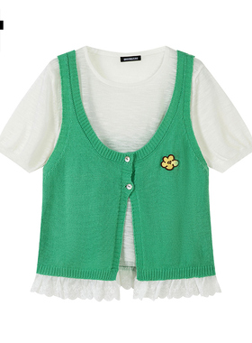 i.t GROUNDZERO蕾丝花边两件套毛针织衫女士夏季短款短袖T恤上衣G