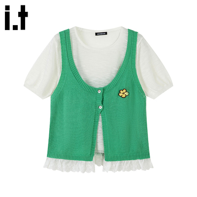 i.t GROUNDZERO蕾丝花边两件套毛针织衫女士夏季短款短袖T恤上衣G