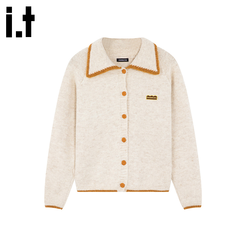 i.t GROUNDZERO2025秋冬国朝杏色长袖保暖翻领撞色毛衣针织开衫女