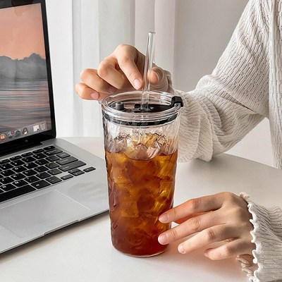 大容量带盖吸管杯办公室女高颜值耐高温透明玻璃杯冷饮冲泡咖啡杯