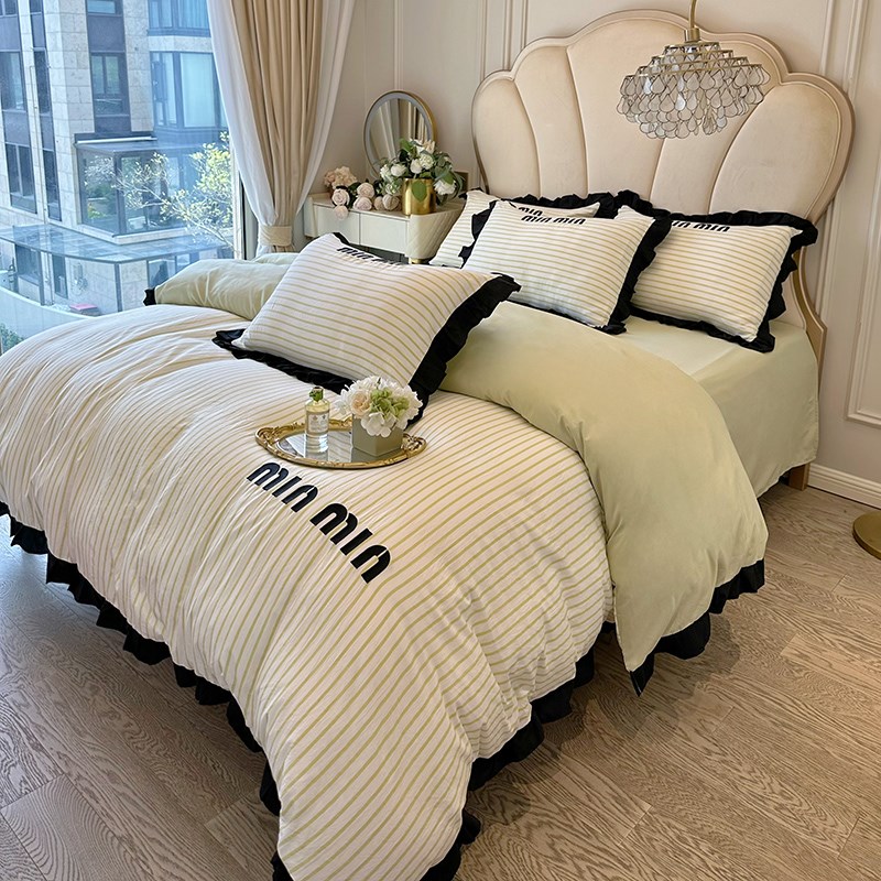 法式小香风水洗棉四件套花边款床单被套少女心公主风条纹绣花床品