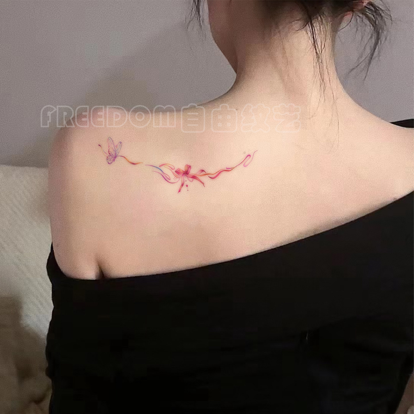 粉色飘带仙女蝴蝶结纹身贴ins甜酷少女心防水持久锁骨辣妹可洗