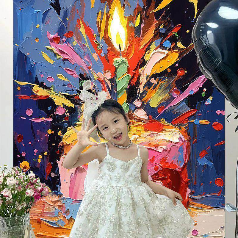 小红书同款油画生日蛋糕背景布小孩宝宝生日拍照海报周岁装饰布置