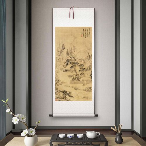 文徵明《携琴访友》客厅书房茶室装饰画挂画玄关水墨高Z清卷轴字