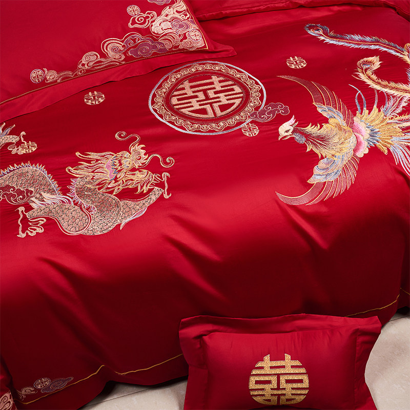 龙凤婚庆四e件套100支长绒棉大红色全棉结婚喜被床上用品4,床上用品,婚庆床品套件,淘宝优惠券,粉丝福利购,淘宝优惠卷