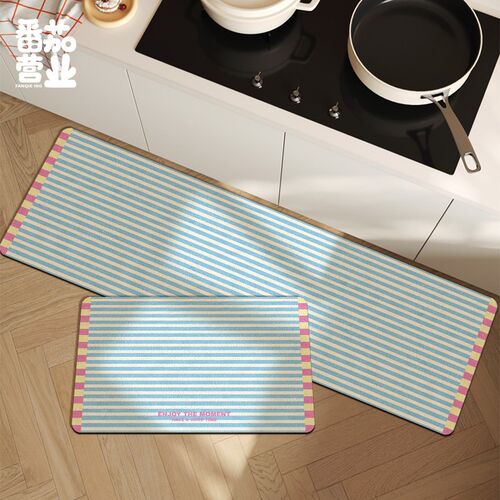 家用厨房地垫皮革吸水吸油防滑耐脏长条脚垫M子多巴胺条纹地毯门
