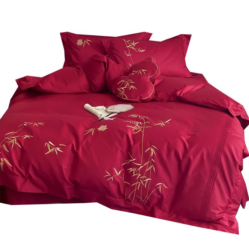 金竹报喜~新中式结婚床上用品四件套婚庆P全棉大红色陪嫁喜被,床上用品,婚庆床品套件,淘宝优惠券,粉丝福利购,淘宝优惠卷