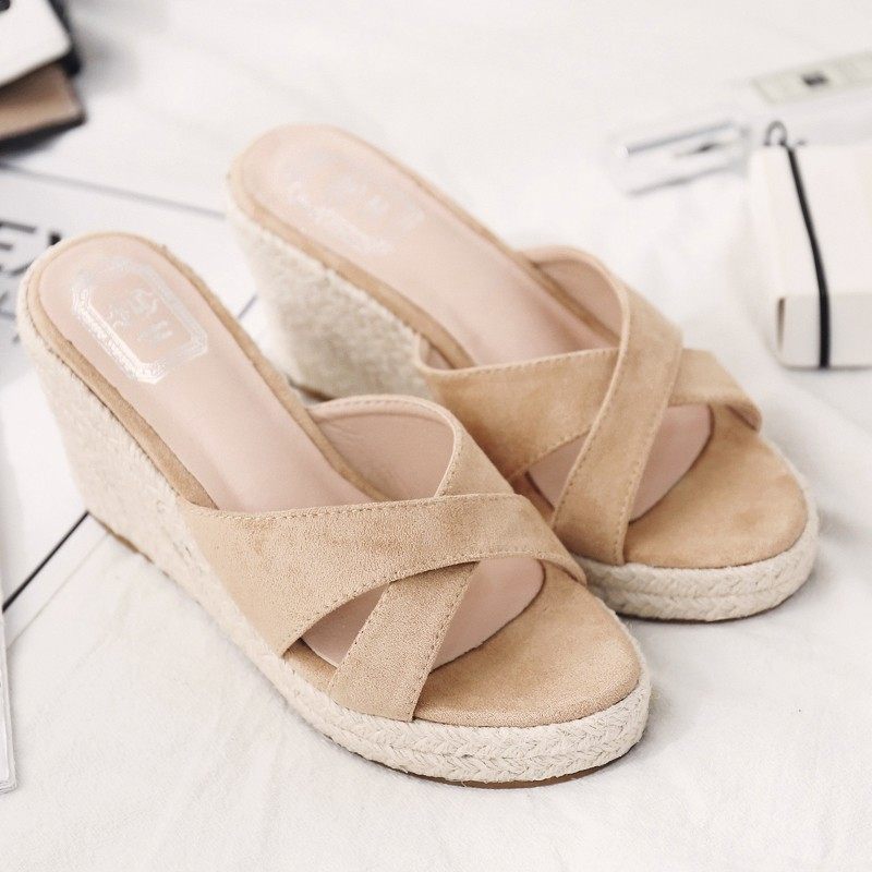 一字凉拖鞋交叉i面露趾坡跟高跟女鞋松糕跟麻编沙滩鞋懒人鞋厚底,女鞋,一字拖,淘宝优惠券,粉丝福利购,淘宝优惠卷