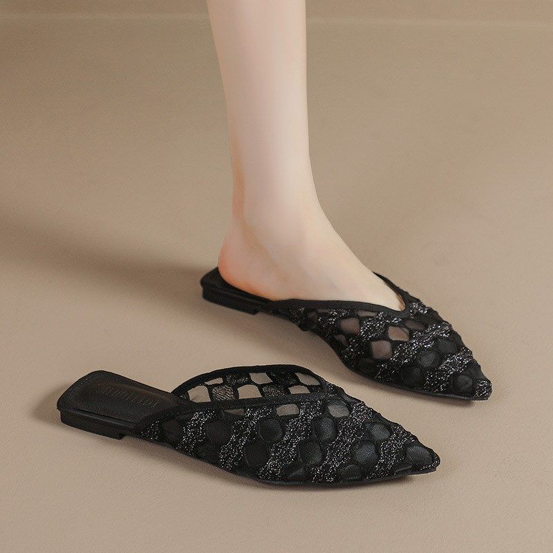 2025夏季新款网纱镂空蕾丝尖头平底G软底包头拖半拖鞋女外穿凉拖,女鞋,包头拖,淘宝优惠券,粉丝福利购,淘宝优惠卷