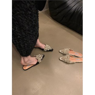 法式气质a国风包头蕾丝平底尖头半拖鞋女夏凉拖鞋珍珠水钻鞋懒人
