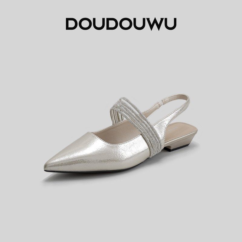 豆豆屋低跟浅口水钻皮鞋r2025夏季新款法式尖头粗跟百搭女后空凉,女鞋,时装凉鞋,淘宝优惠券,粉丝福利购,淘宝优惠卷