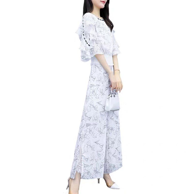 雪纺两件套女2021夏季新款气质阔腿F裤套装洋气时尚网红显瘦减龄