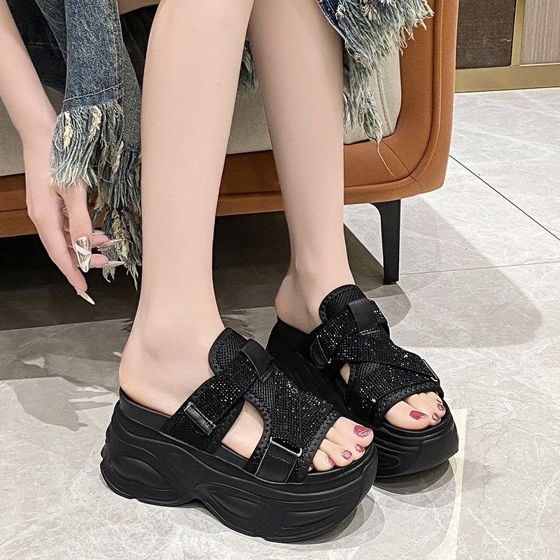 水钻高跟拖鞋女夏j外穿2024新款厚底魔术贴运动休闲松糕底女拖凉,女鞋,一字拖,淘宝优惠券,粉丝福利购,淘宝优惠卷