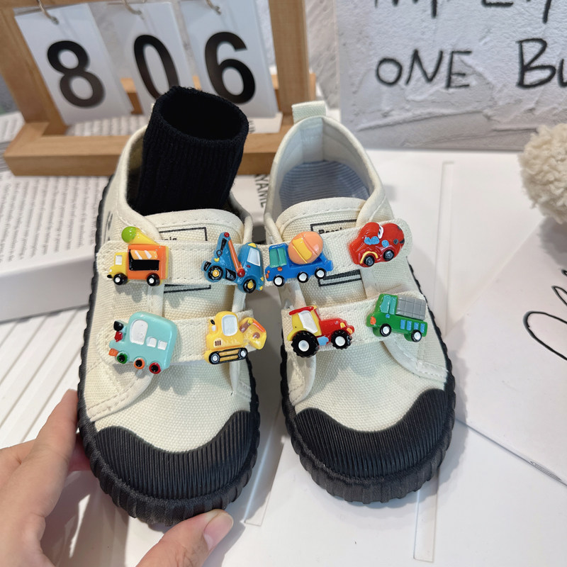 男童小汽车白色帆布鞋儿童t幼儿园入园室内鞋宝宝幼稚园托班布鞋