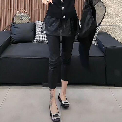 欧货个性洋气一体假两件纸皮裤拼纱遮肉J打底裙裤夏弹力显瘦九分