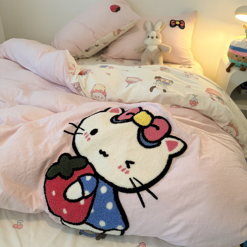 ins卡通少女心猫咪四件套粉色可爱水洗棉床单宿舍被套X床上三件套