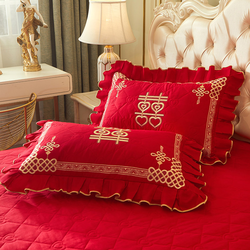 中式婚嫁全棉婚庆大红四件套床裙款刺K绣花喜被套结婚床上用品,床上用品,婚庆床品套件,淘宝优惠券,粉丝福利购,淘宝优惠卷
