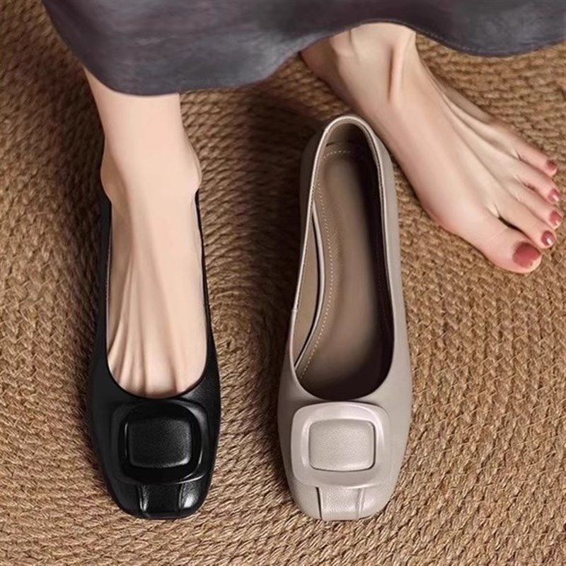 方头浅口方扣粗跟单鞋n女2025春秋新款百搭低跟文艺范奶奶鞋豆豆,女鞋,浅口单鞋,淘宝优惠券,粉丝福利购,淘宝优惠卷