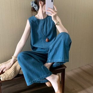 休閑顯瘦薄款 話里高級a感時尚 兩件套 韓版 新款 軟牛仔套裝 2025夏季