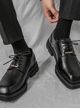 白色方头皮鞋男2023新款潮流个B性厚底内增高德比鞋商务正装小白