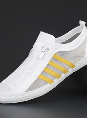 2024a夏季新款网纱布鞋韩版潮流百搭休闲男鞋一脚蹬网面鞋拉链板