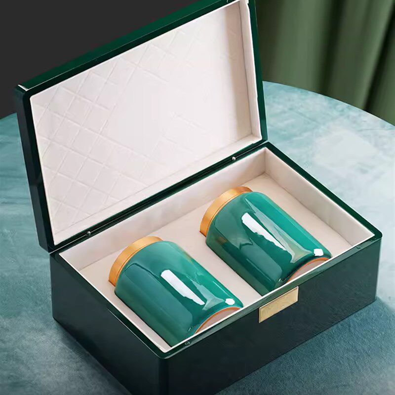 新款绿茶陶瓷罐龙井茶叶包装盒空礼盒西湖明前龙井茶狮峰烤漆木盒