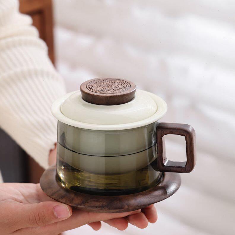 甄选原创茶咖杯 玻璃过滤杯 陶瓷咖啡杯配碟子搅拌勺商务印刷广告
