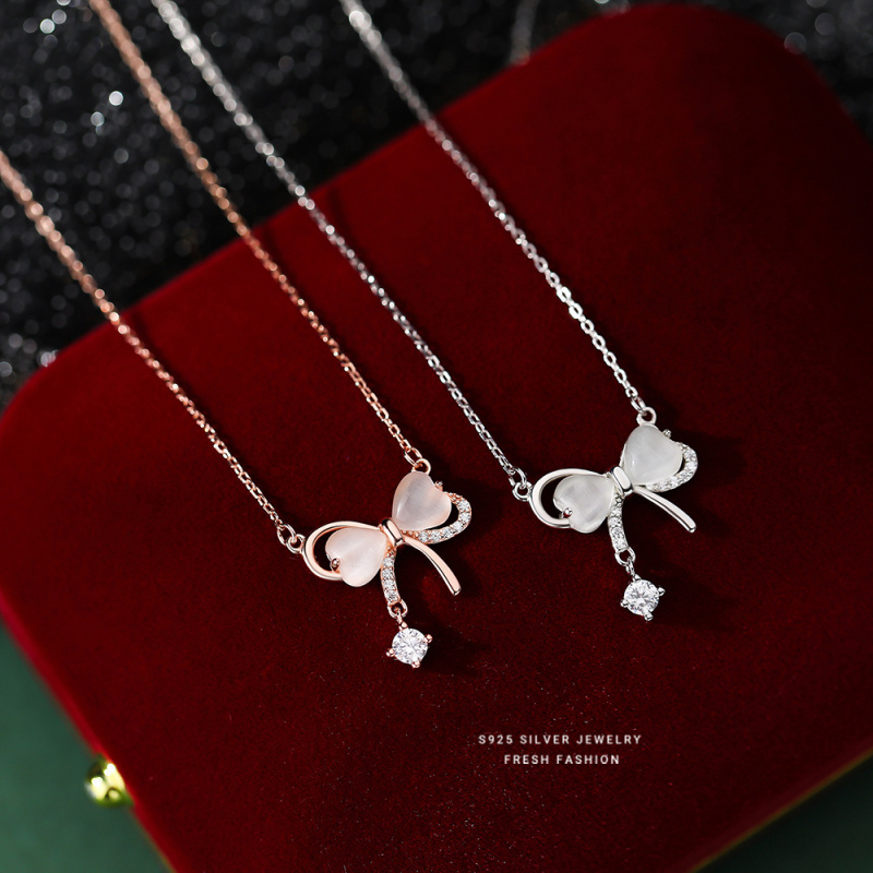 s925纯银猫眼石蝴蝶结项链女