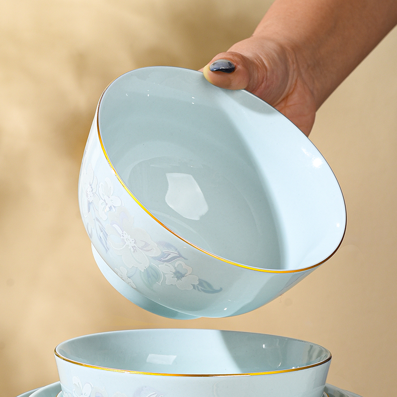 玉珑青瓷碗盘餐具金边耐高温中式