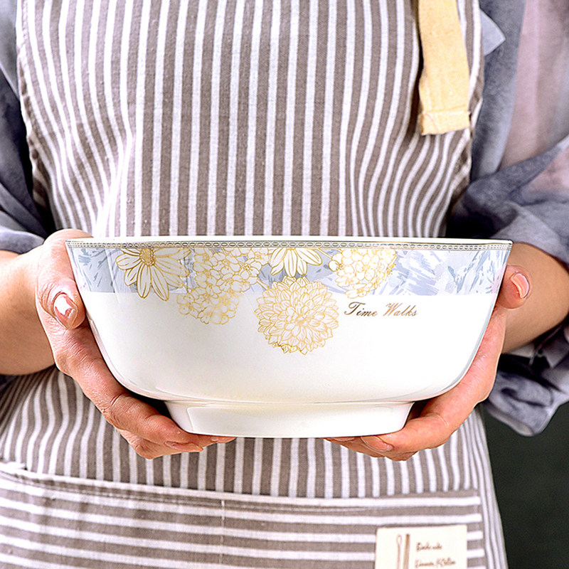 中式家用陶瓷釉下彩轻奢碗盘餐具耐高温家庭装汤碗可微波炉食品级