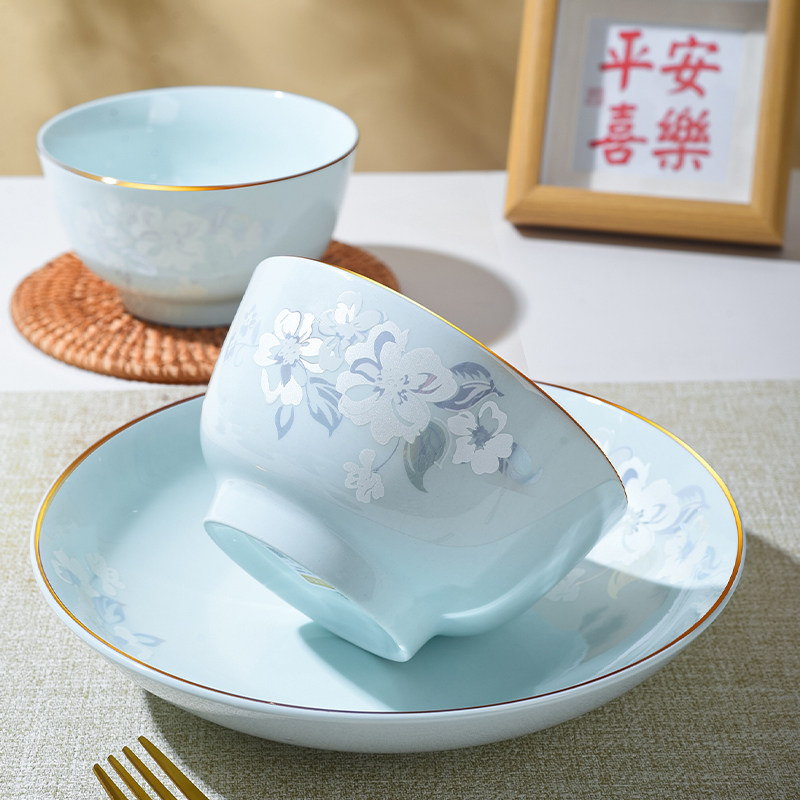 家用青瓷碗吃饭碗高足碗高颜值轻奢中式耐高温可微波炉面碗米饭碗
