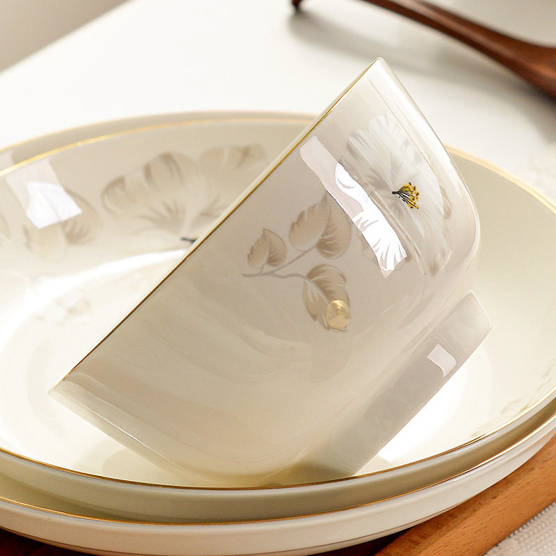 玉珑溢彩芬芳陶瓷碗家用吃饭2025新款面碗汤碗金边釉下彩饭盘鱼盘,餐饮具,碗,淘宝优惠券,粉丝福利购,淘宝优惠卷