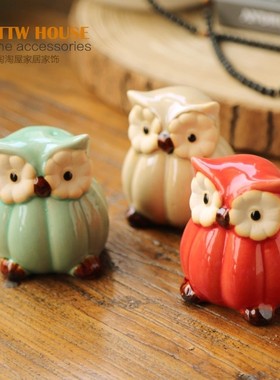 田园饰品高温釉面陶瓷猫头鹰家居z杂货彩色动物搁板摆设