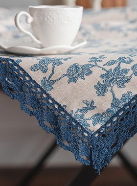 MOL.ule.桌布玫瑰印蓝色棉麻田园蕾丝边餐布碗垫焉紫