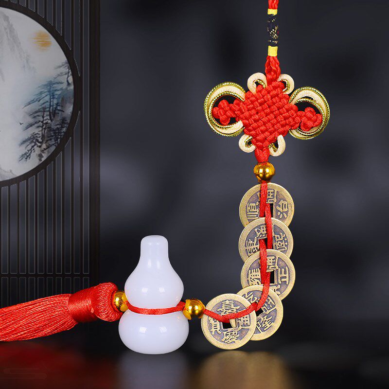 白玉葫芦在下五帝钱古钱币六帝压门槛过门石铜钱挂件门对挂件