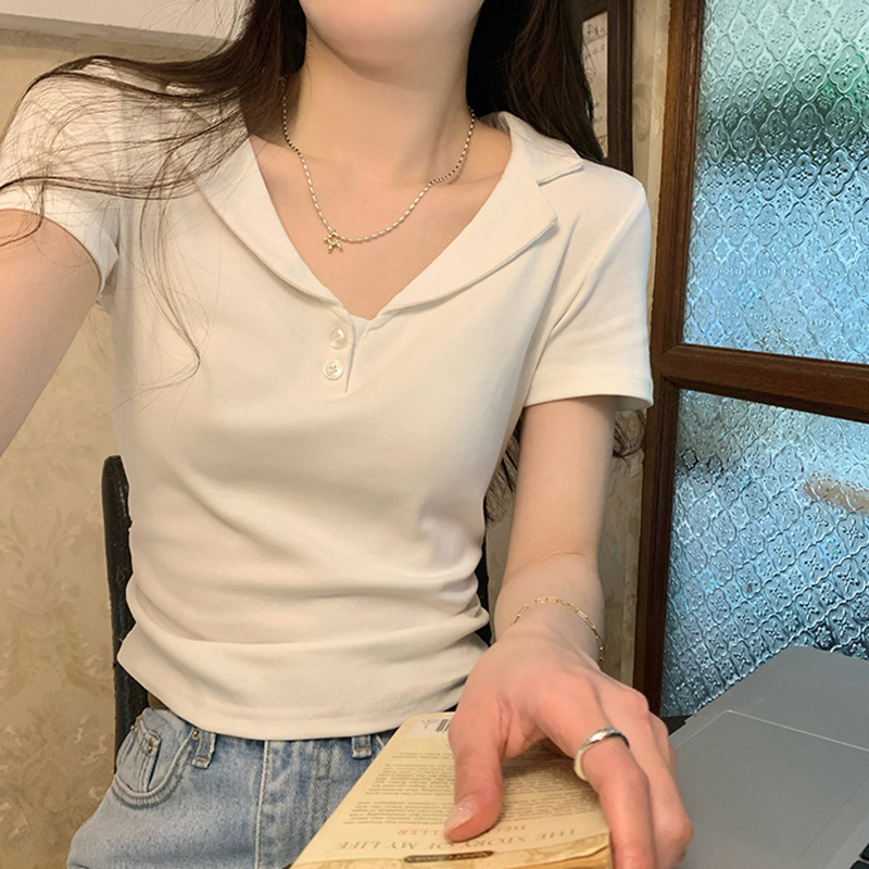 法式polo翻领正肩露锁骨夏季t恤女收腰遮肉短袖辣妹短款显瘦上衣