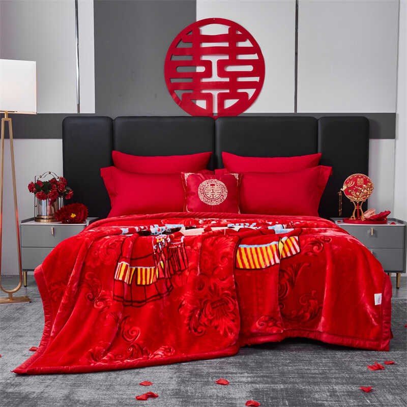 毛毯结婚被子双层加厚新婚房冬季双人陪嫁婚庆大红色毯子喜字送礼