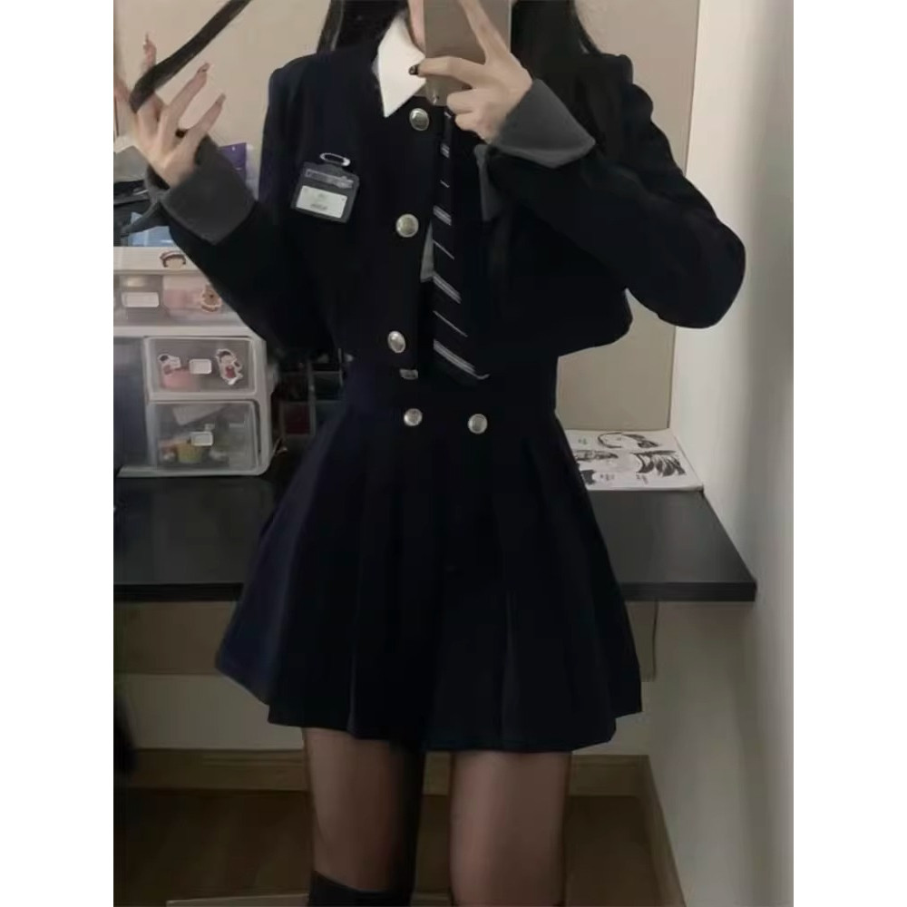 短款西装外套jk制服美式学院风套装女春秋款高腰显瘦百褶裙三件套